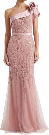Jovani Rosette Accent One-Shoulder Beaded Tulle Gown In Mauve