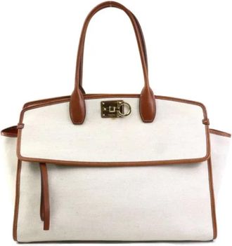 Ferragamo Tweedehands Canvas handtassen - Dames - Vintage Handtas - Beige - ONE Size - Leer - Vintage
