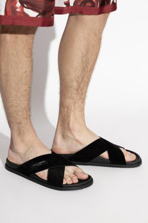 Dolce & Gabbana Suede Slides With Logo Patch, Mens, Black