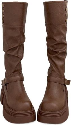 Generic Tall Boots, Thick Soled Long Boots, Womens New, Slim And Tall, Short And Thick Legged Knight Boots(Brown,US5)