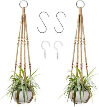 OEM Colgador Para Plantas De Interior Hecho De Cuerda De Algod&oacute;n Y C&aacute;&ntilde;amo, 98 Cm, Con Cuentas De Madera, Para Decoraci&oacute;n De Interiores, Sin Ganchos, 2 Par