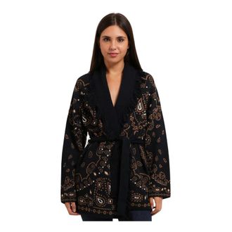 Pennyblack Truien & Vesten, Dames, Zwart, S, Wol, Gebreide Cardigan met Jacquard en Franjes
