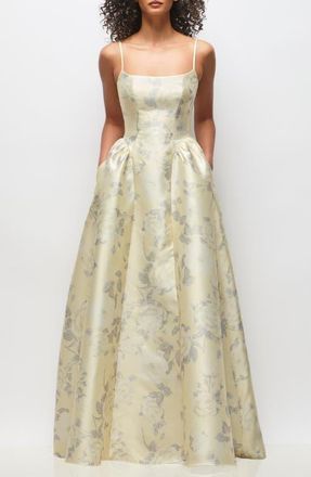 The Dessy Group Floral Sleeveless Satin Ballgown in Butter Yellow Floral at Nordstrom, Size 18