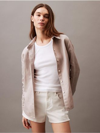 Calvin Klein Womens Linen Blend Classic Button-Down Shirt - Neutral - XS