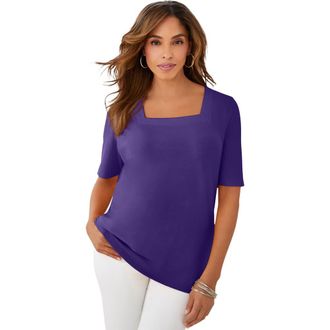 Jessica London Stretch Cotton Square Neck Tee in Midnight Violet at Nordstrom, Size 16