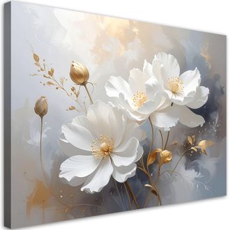 Feeby Impresi&oacute;n De Imagen Flores Blancas En Sutil Gris Y Dorado 100x70