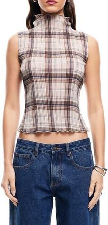 Lioness Ford Plaid Funnel Neck Pliss&eacute; Top in Tan Plaid at Nordstrom Rack, Size X-Large