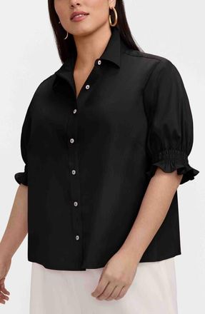 Foxcroft Vivienne Elbow Sleeve Matte Sateen Button-Up Shirt in Black at Nordstrom, Size 3X