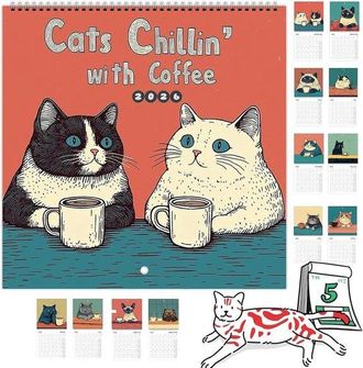 OEM Calendario, Calendario De Pared Cat Cafe, Divertido Calendario De Pared De Gatos 2026, Regalo De A&ntilde;o Nuevo Y Navidad Para Amantes De Los Gatos