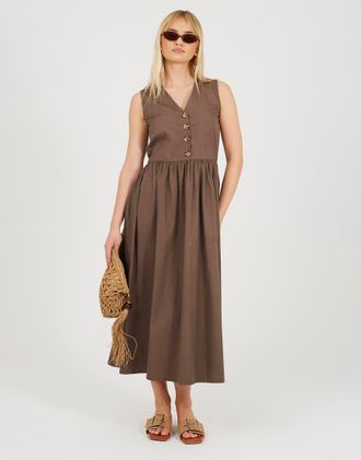 Brave Soul Vestito midi senza maniche marrone con scollo a V e bottoni