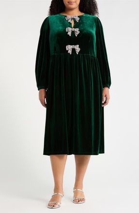 Sugarlips Jena Glow Bow Long Sleeve Velvet Midi Dress in Emerald at Nordstrom, Size 2X