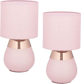 Relaxdays Lampada da Tavolo, Set da 2 Abat Jour in Tessuto e Ferro, E14, HxD: 32x18 cm, Luce Comodino Letto, Rosa Ramato - Relaxdays