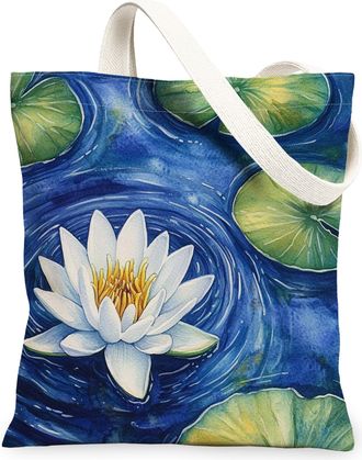 Generic Spring Oil Painting Water Lily pad Canvas Tote Bag for Shopping 13x15, Garden Lotus Leaf Scenic Reusable Grocery Print Bag for Women, Landscape Beach 