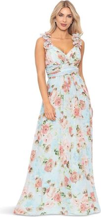 Betsy & Adam Maxi Dress Blue Floral Pleated Ruffle Trim V-Neck FROG154