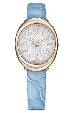 Swarovski Imber Oval Leather Strap Watch, 24mm x 26.3mm in Blue at Nordstrom
