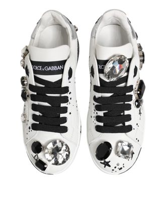 Dolce & Gabbana Womens White Portofino Crystal Sneakers Shoes Leather