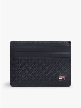 Tommy Hilfiger Mens Allover Flag Logo Leather Card Holder - Blue