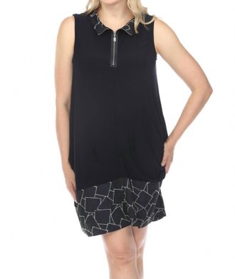 Joseph Ribkoff Geometric Zip Front Sleeveless Shirt Dress In Midnight Blue/white