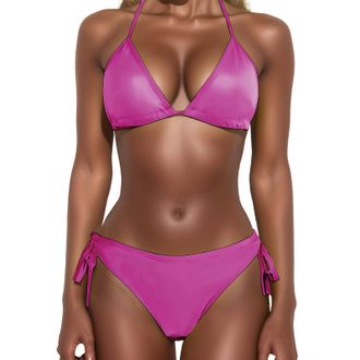 Generic Sexy Bikini Sets for Women Triangle String Halter Womens Bikinis Tie Side Brazilian Swimming Costume Women 2 Piece Halterneck Bra Top Padded Swimsuit 