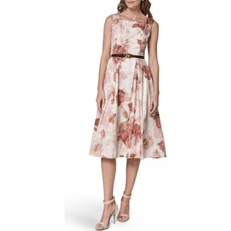 DKNY Floral Belted Stretch Cotton Dress in Snow Petal Multi at Nordstrom, Size 10