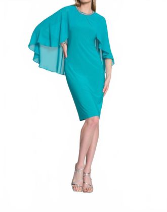 Joseph Ribkoff Embellished Neck Cape Sleeve Sheath Dress In Ocean Blue