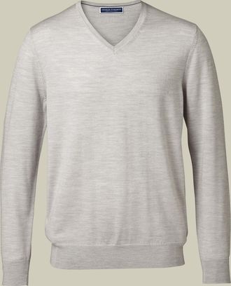CHARLES TYRWHITT Merino V-Neck Jumper - Silver Size XL by Charles Tyrwhitt