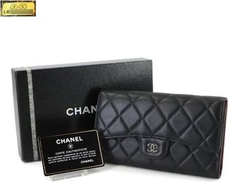 Chanel Black Leather Long Wallet (Tri-Fold) (Pre-Owned)