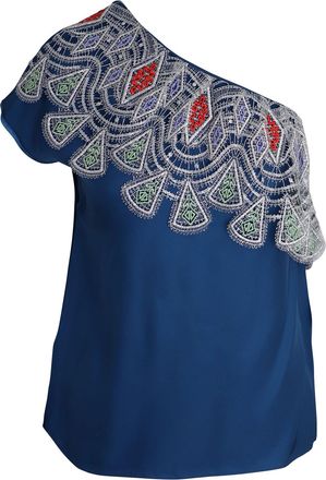 Peter Pilotto One Shoulder Embroidered Top in Blue Viscose
