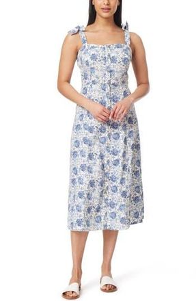 C&C California Ellis Floral Button Front Linen Blend Sundress in Snow White Indigo Floral at Nordstrom Rack, Size X-Large