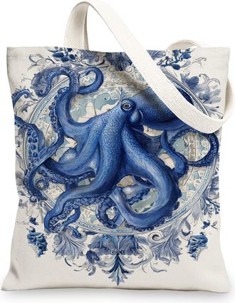 Generic Octopus Canvas Tote Bags, Marine Animal Pattern Reusable Bags, Vintage Lightweight Washable Shoulder Strap Canvas for Gym T, Blue, 13x15 Inch
