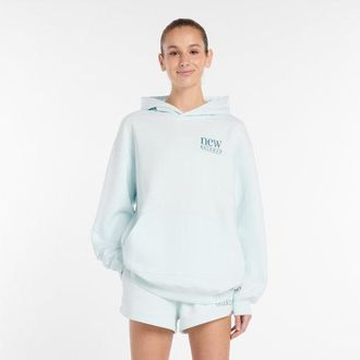 New Balance Womens Reimagined Fleece Long Length Hoodie in Blue Cotton Fleece, size X-Small
