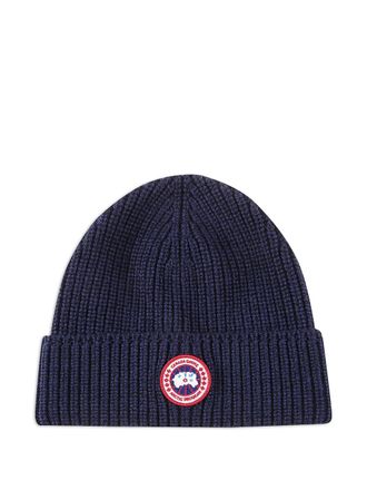 Canada Goose ribbed logo-patch beanie - men - Wool - One Size - Blue