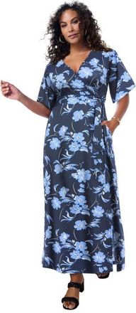 Roaman's Plus Size Flutter Sleeve Wrap Maxi Dress in Navy Graphic Bouquet at Nordstrom, Size 28