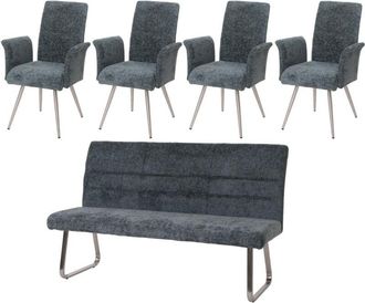 Hhg [nunca Usado] Juego De Comedor Hhg-221, Juego De 4 Sillas Con Reposabrazos + Banqueta 180cm, Acero Inoxidable Cepillado Tela/textil Chenilla, Azul-ver