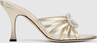 Gucci Womens Slide Sandal With Crystal Interlocking G, Silver, Leather