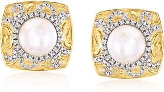Ross-Simons 7-7.5mm Cultured Pearl and. Diamond Earrings in 18kt Gold Over Sterling