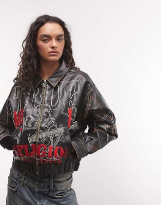 True Religion giacca bomber in similpelle PU nera con grafica Buddha ricamata, vestibilit&agrave; comoda-Nero