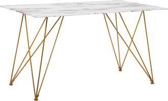 Beliani Beliani - Mesa De Comedor Efecto M&aacute;rmol Blanco Con Tapa De Cristal Templado Dorado Patas De Metal 140 X 80 Cm Sal&oacute;n Glam Kenton