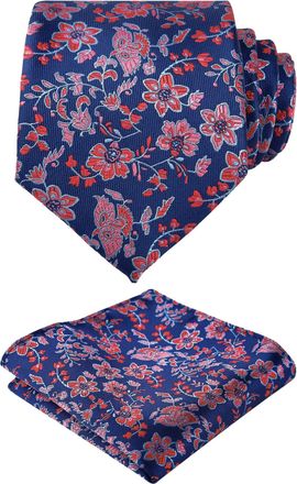 Alizeal Mens Floral Patterned Necktie and Pocket Square Elegant Classic Tie Set, Navy+Red