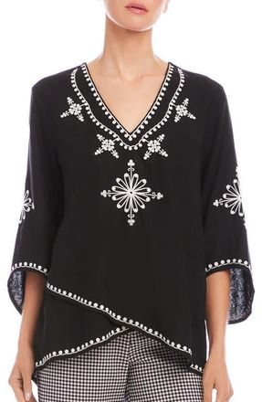 Karen Kane Embroidered Asymmetric Hem Linen Blend Top in Black at Nordstrom, Size X-Small P