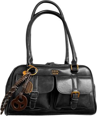 Generic Women Solid Color Handbag with Pendant PU Leather Vintage Shoulder Bag (Black)
