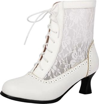 Generic Womens Breathable Mid Calf Boots Round Toe High Strange Style Heel With Lace Up Front And Hollow Mesh Design