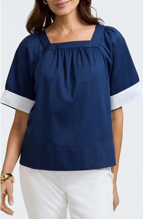 Foxcroft Violet Square Neck Cotton Blend Top in Navy at Nordstrom, Size X-Small
