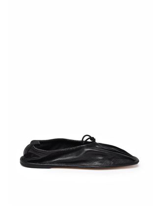 Hereu Black Gathered Design Bow Flat Leather Loafers