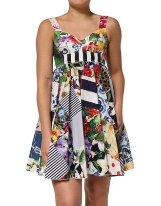 Dolce & Gabbana Womens Multicolor Patchwork Cotton Alinemini Dress Nylon Elastane