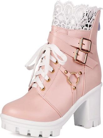 Generic Womens Lace Up Gothic Combat Ankle Boots Platform Round Toe Block Heels Pumps Shoes with Back Zipper and Buckle Strap (Pink,7.5)