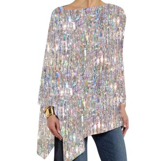 Generic Striped T-Shirt for Women Trendy Loose Blouse Womens Striped Glitter Print Casual Loose Round Neck Long Sleeve Top Oversize T Shirts for Women (Silver