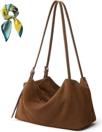 Generic Suede Slouchy Shoulder Bag for Women,Top Handle Fall Purse Crossbody Bags,Brown Retro Trendy Tote Satchel Work Travel (Brown)