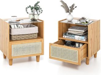 Costway Costway - 2 Mesitas De Noche De Rat&aacute;n, 2 Estantes Y 1 Caj&oacute;n, Mesa Auxiliar Boho Con Caj&oacute;n Y Patas De Madera Maciza, Mesitas De Noche Dormitorio, 43 X 