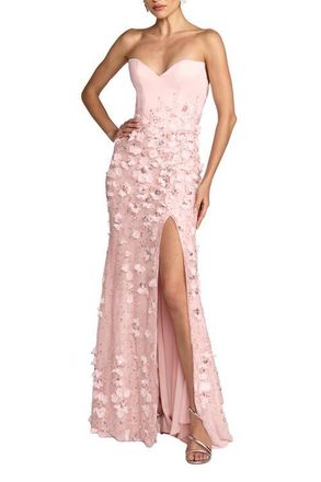 Mac Duggal Floral Satin Strapless Sweetheart Gown With Slit in Blush at Nordstrom, Size 6